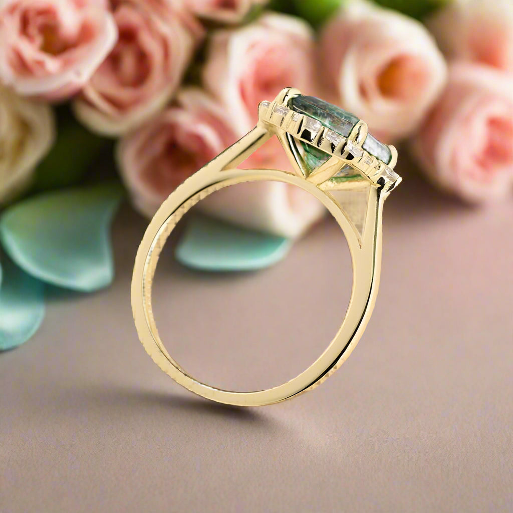 Halo Emerald Cut Yellow Gold Diamond Engagement Ring-Evani Naomi Jewelry