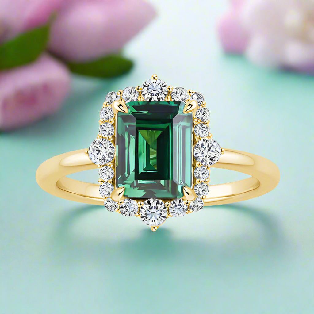 Halo Emerald Cut Yellow Gold Diamond Engagement Ring-Evani Naomi Jewelry