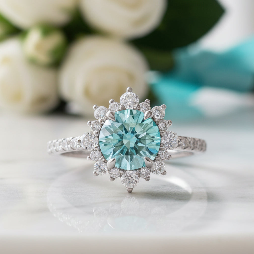 Halo Round Cut Cyan Blue Engagement Ring-Evani Jewelry