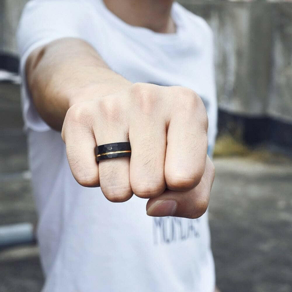 Hammer Matte Tungsten Wedding Band with Thin Rose Gold Line-Evani Naomi Jewelry