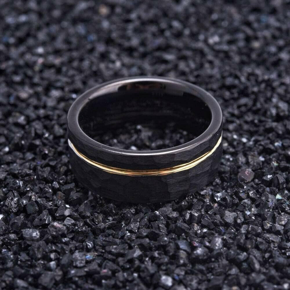 Hammer Matte Tungsten Wedding Band with Thin Rose Gold Line-Evani Naomi Jewelry