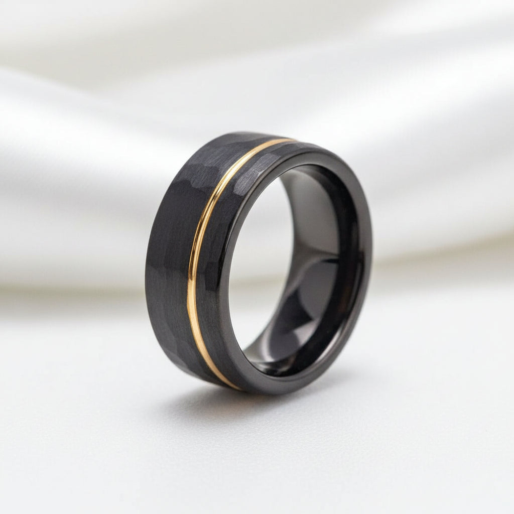 Hammer Matte Tungsten Wedding Band with Thin Rose Gold Line-Evani Jewelry