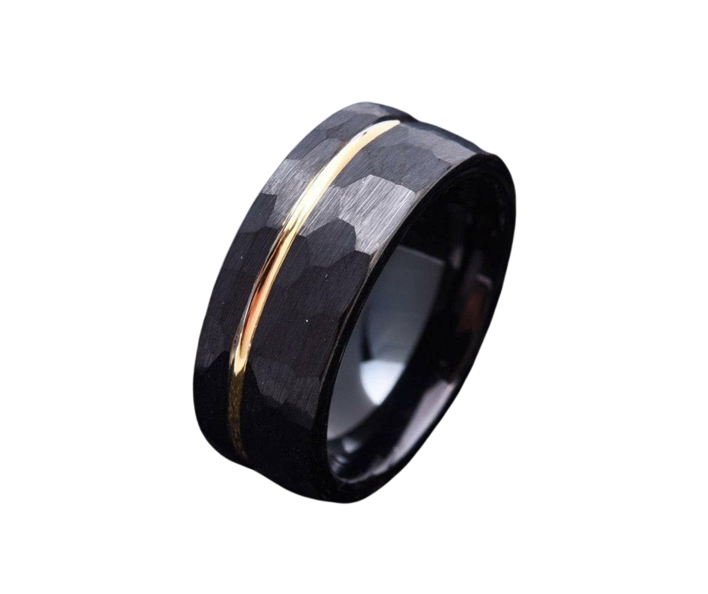 Hammer Matte Tungsten Wedding Band with Thin Rose Gold Line-Evani Naomi Jewelry