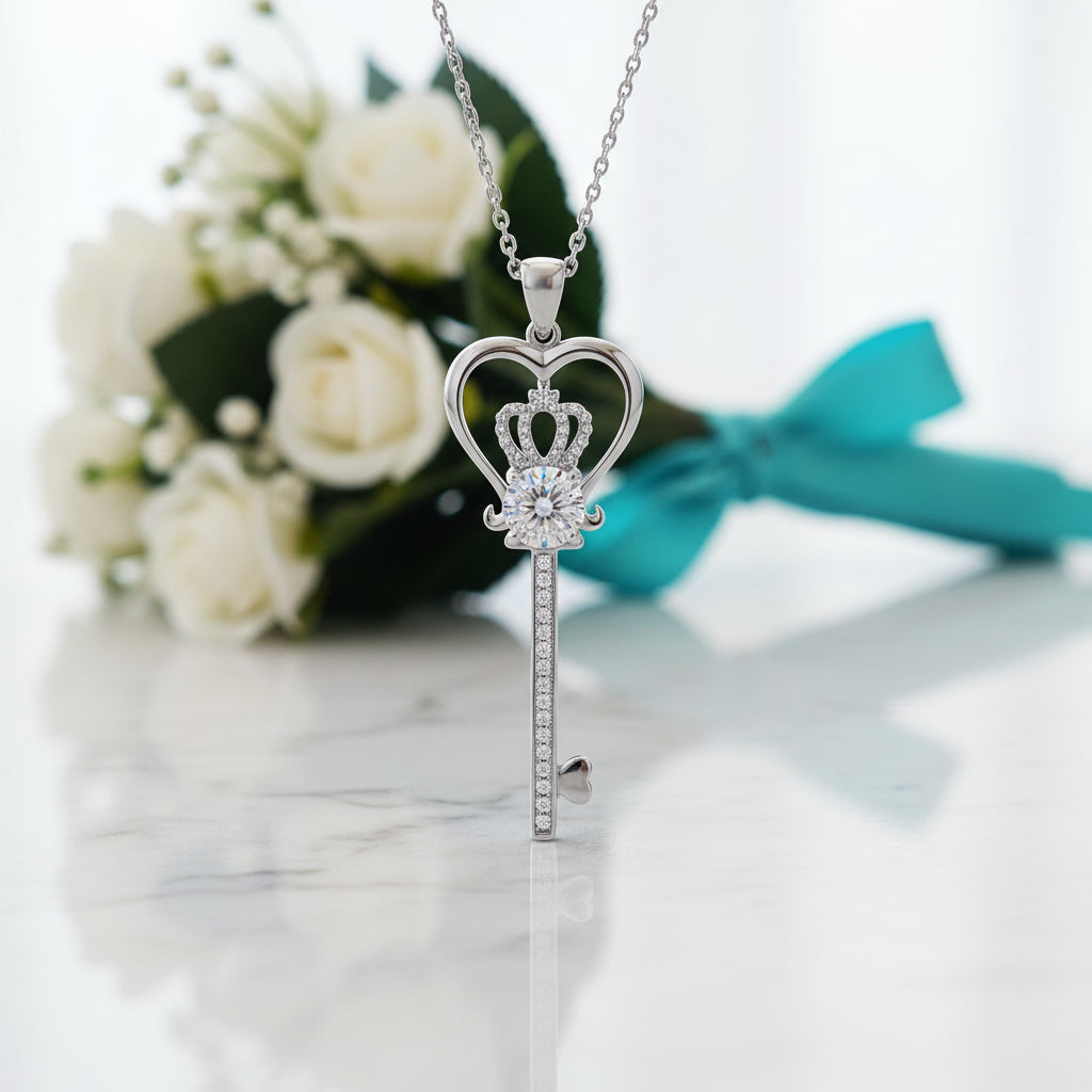 Heart, Crown & Key 1.25 ct Diamond Necklace-Evani Jewelry