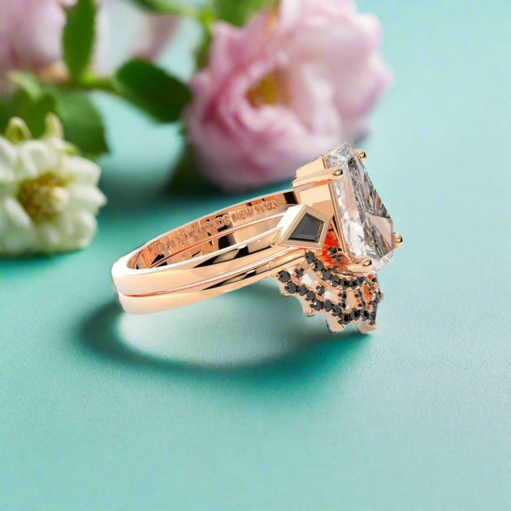 LOVE SPELL Gothic Spider Web Wedding Ring Set in 14k Gold Coffin Cut Diamond-Evani Naomi Jewelry
