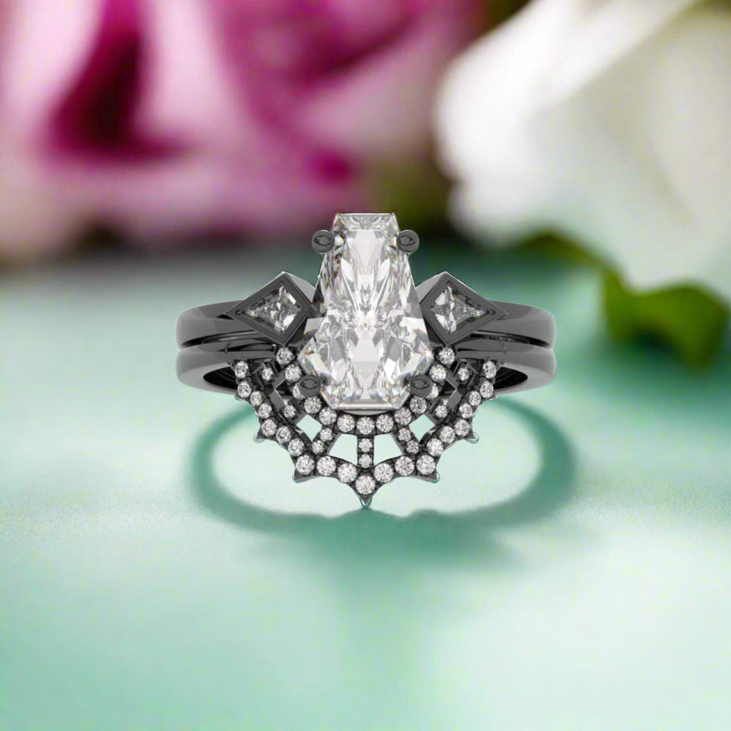 LOVE SPELL Gothic Spider Web Wedding Ring Set in 14k Gold Coffin Cut Diamond-Evani Naomi Jewelry