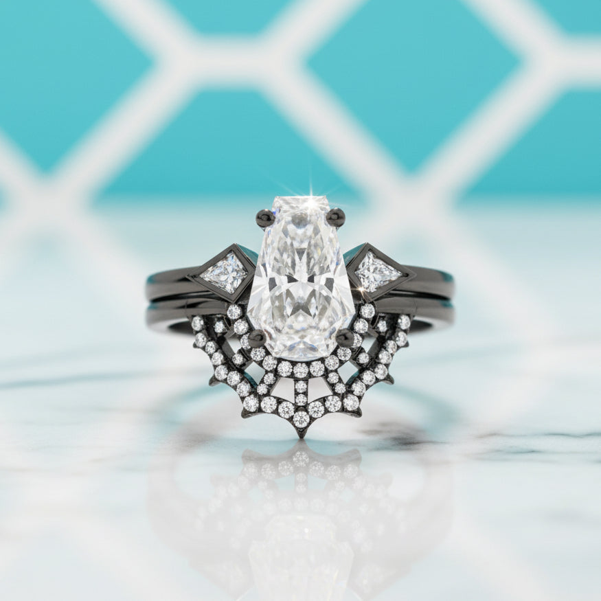 Gothic Spider Web Wedding Ring Set in 14k Gold Coffin Cut Diamond-Evani Jewelry