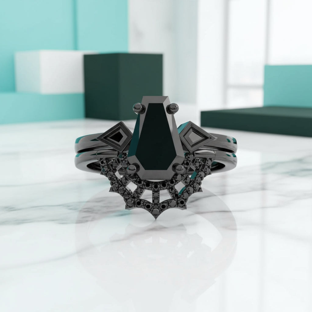 LOVE SPELL Gothic Spider Web Wedding Ring Set in 14k Gold Coffin Cut Diamond-Evani Jewelry