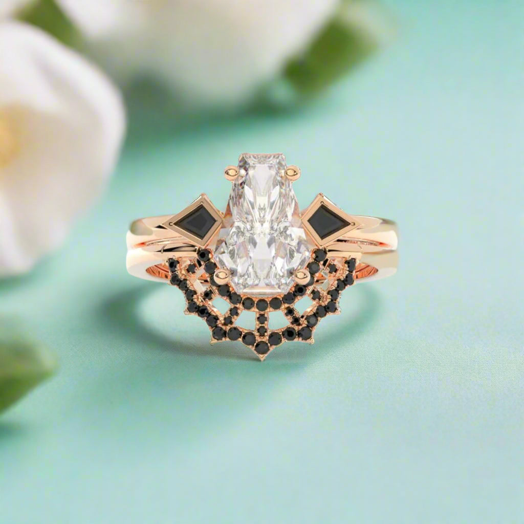 LOVE SPELL Gothic Spider Web Wedding Ring Set in 14k Gold Coffin Cut Diamond-Evani Naomi Jewelry