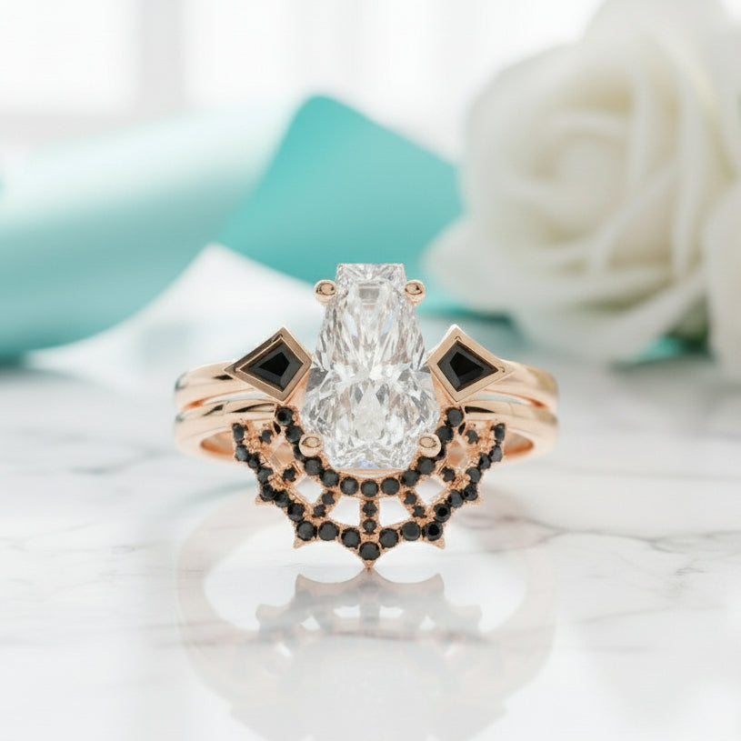 Gothic Spider Web Wedding Ring Set in 14k Gold Coffin Cut Diamond-Evani Jewelry