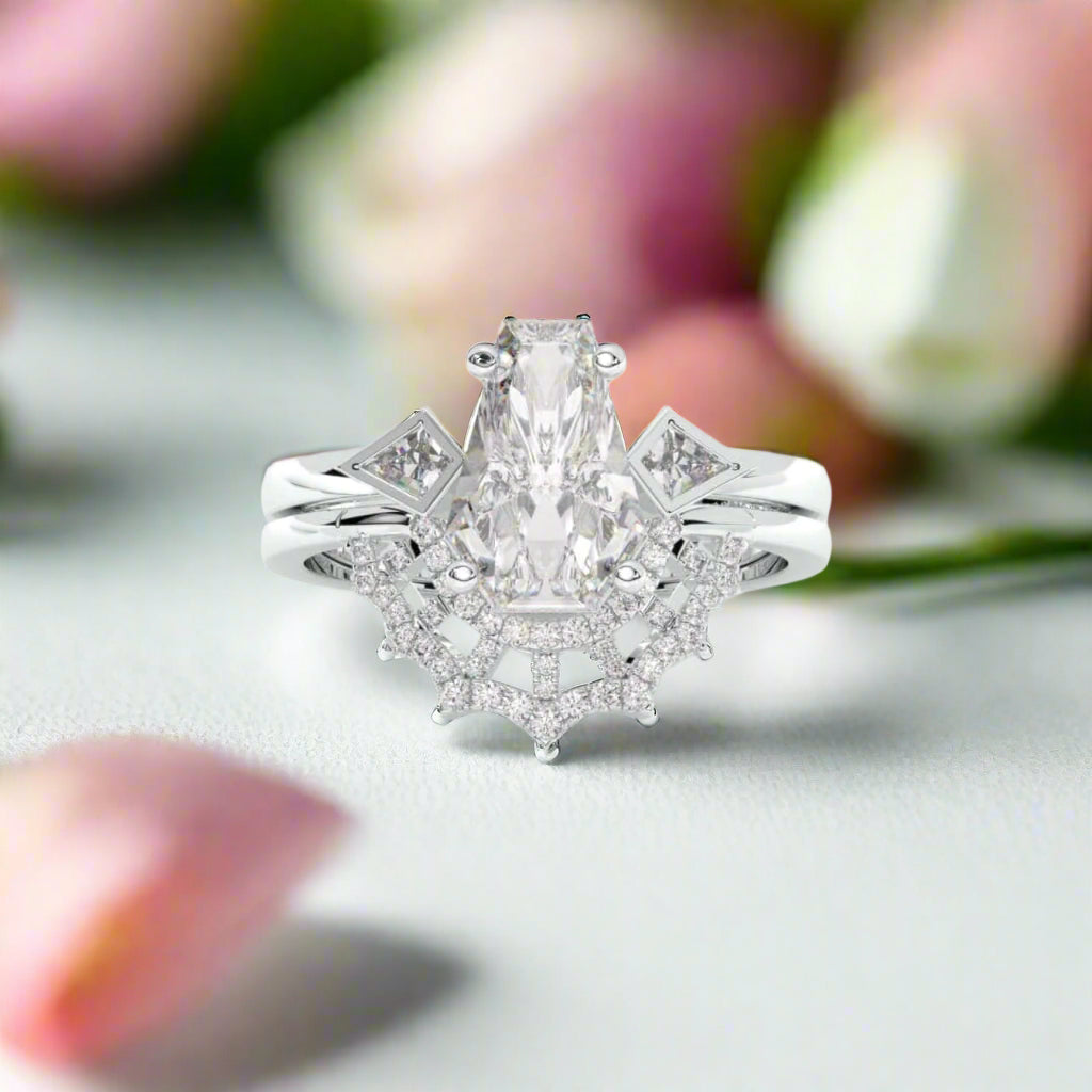 LOVE SPELL Gothic Spider Web Wedding Ring Set in 14k Gold Coffin Cut Diamond-Evani Naomi Jewelry