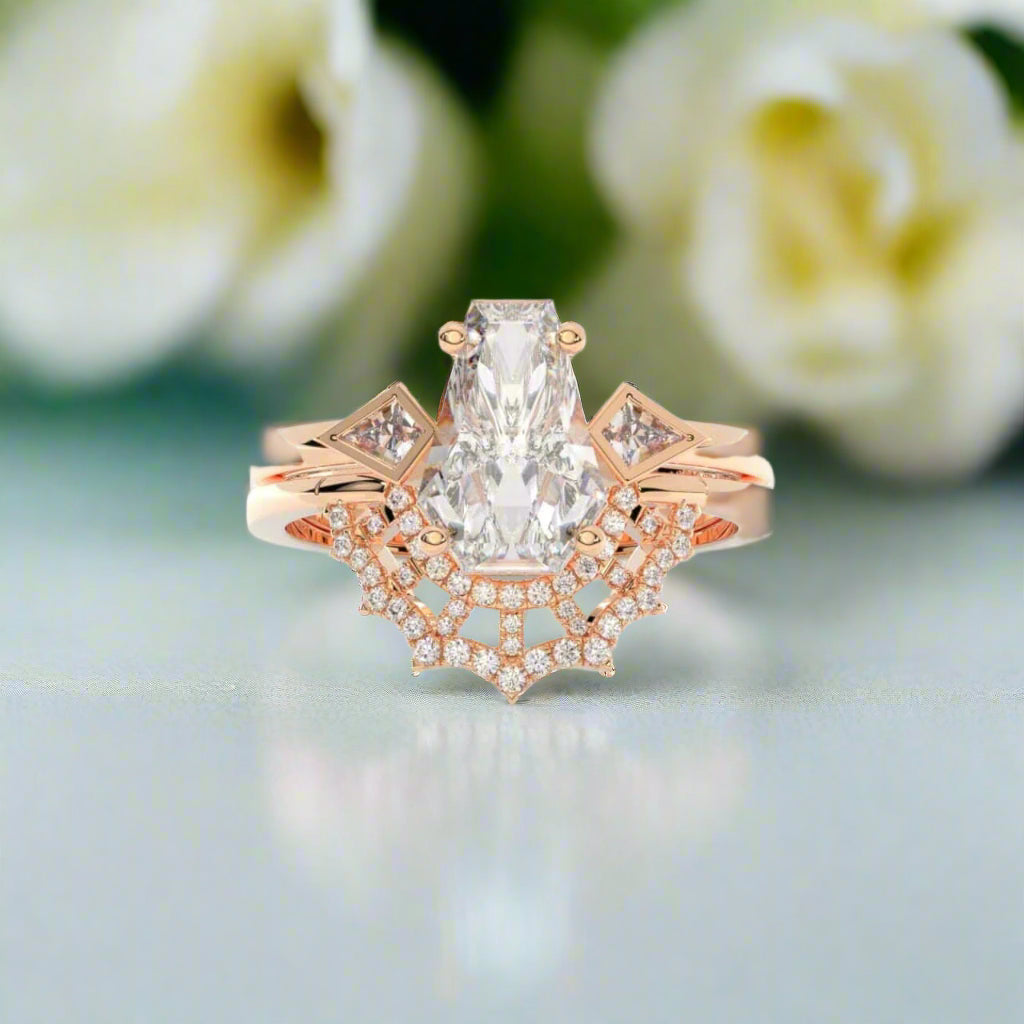 LOVE SPELL Gothic Spider Web Wedding Ring Set in 14k Gold Coffin Cut Diamond-Evani Naomi Jewelry