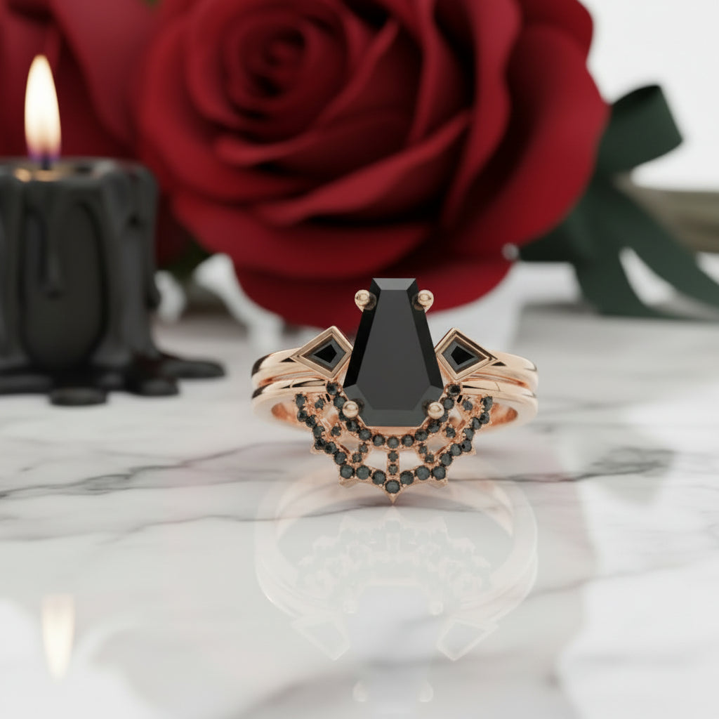 LOVE SPELL Gothic Spider Web Wedding Ring Set in 14k Gold Coffin Cut Diamond-Evani Jewelry