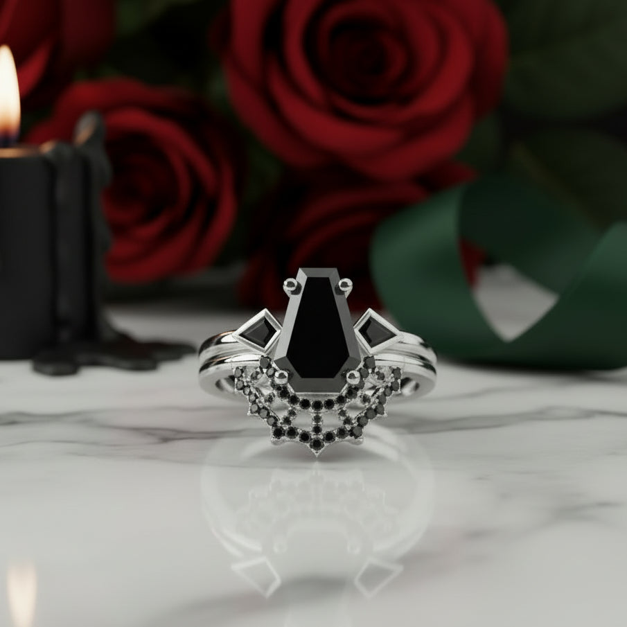 LOVE SPELL Gothic Spider Web Wedding Ring Set in 14k Gold Coffin Cut Diamond-Evani Jewelry