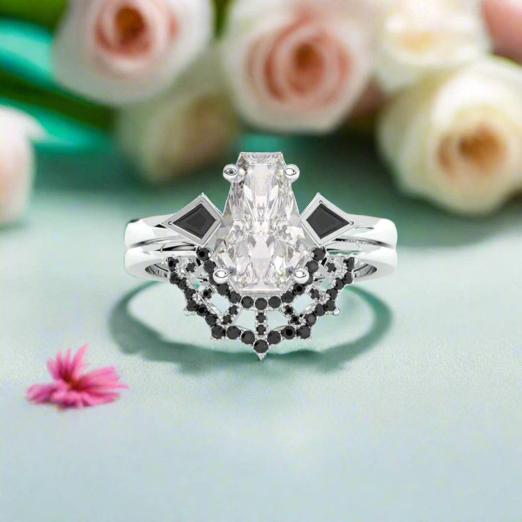LOVE SPELL Gothic Spider Web Wedding Ring Set in 14k Gold Coffin Cut Diamond-Evani Naomi Jewelry