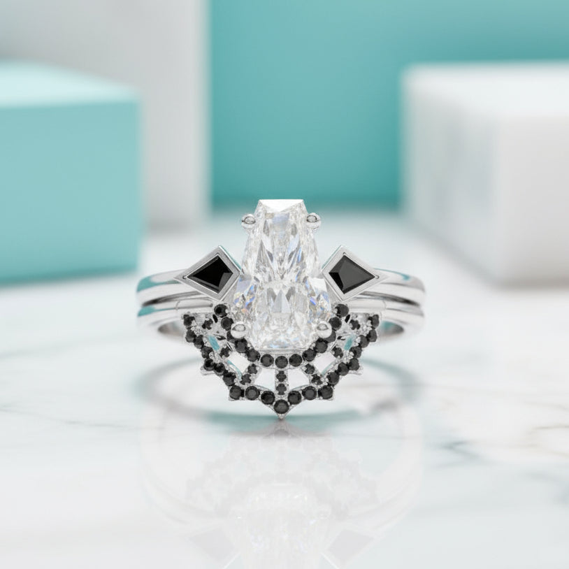 Gothic Spider Web Wedding Ring Set in 14k Gold Coffin Cut Diamond-Evani Jewelry