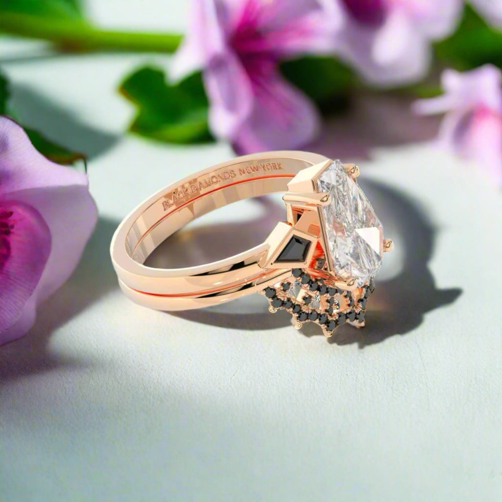 LOVE SPELL Gothic Spider Web Wedding Ring Set in 14k Gold Coffin Cut Diamond-Evani Naomi Jewelry