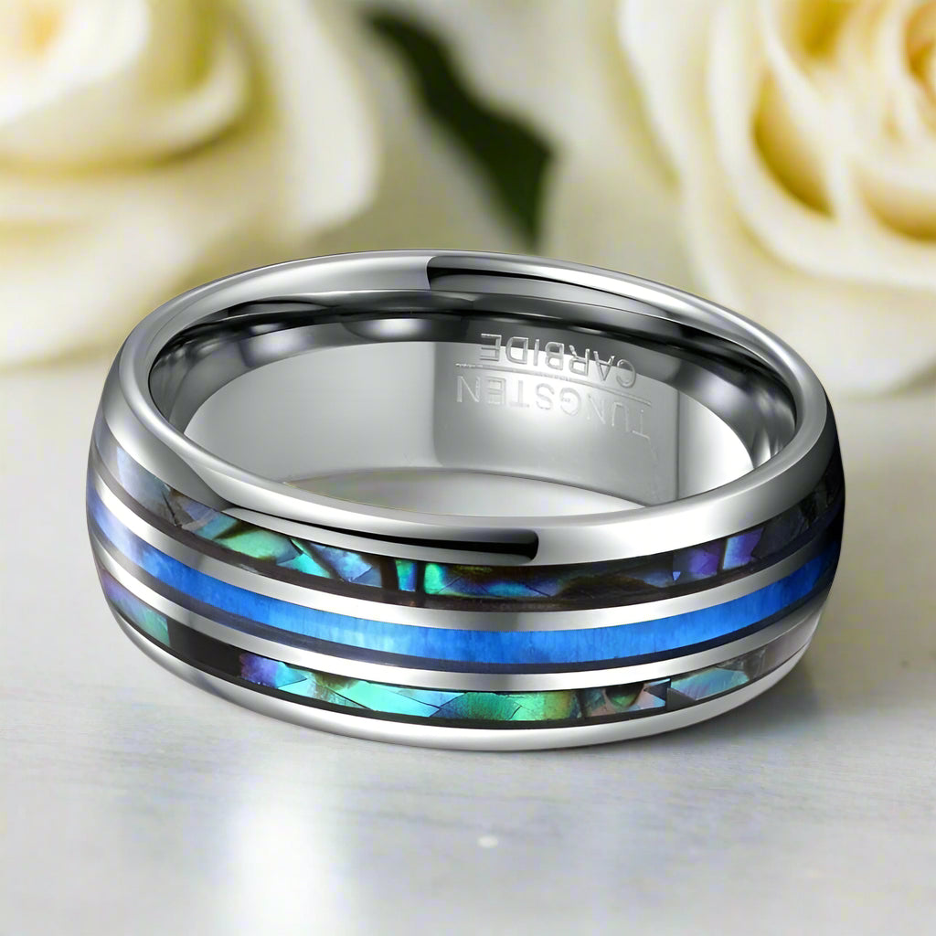 Men's Grooved Opal Tungsten Wedding Band with Abalone Shell-Evani Naomi Jewelry