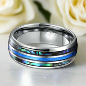 Men's Grooved Opal Tungsten Wedding Band with Abalone Shell-Evani Naomi Jewelry