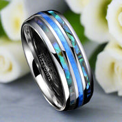 Men's Grooved Opal Tungsten Wedding Band with Abalone Shell-Evani Naomi Jewelry