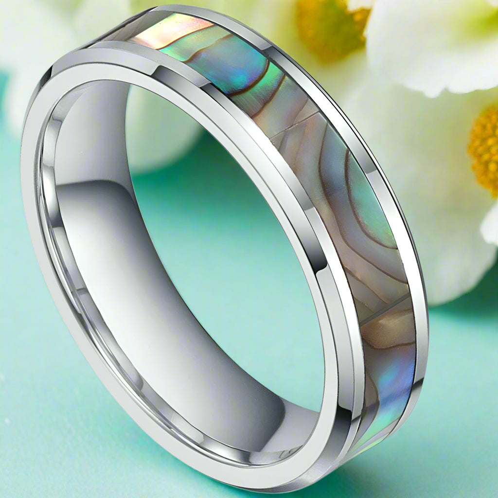 Multi-color Men's Tungsten Wedding Band with Abalone Shell Inlay-Evani Naomi Jewelry