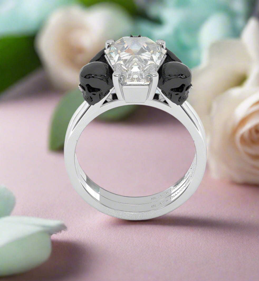 My Ever After Gothic Promise Rings in 14k Gold Coffin Cut with Skulls, Bat and Roses Diamond-Evani Naomi Jewelry