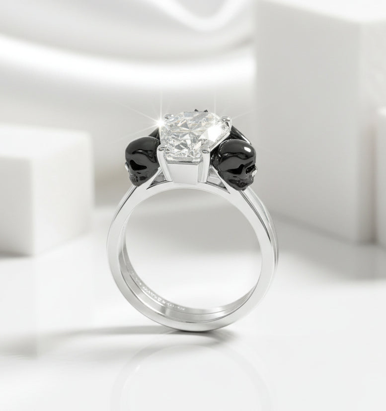 Gothic Promise Rings in 18k Gold Coffin Cut with Skulls, Bat and Roses Diamond-Evani Jewelry