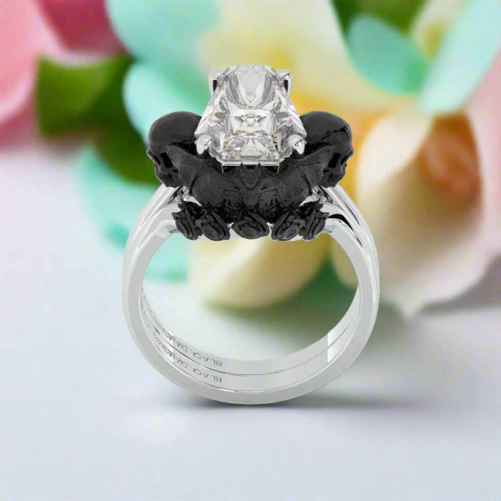My Ever After Gothic Promise Rings in 14k Gold Coffin Cut with Skulls, Bat and Roses Diamond-Evani Naomi Jewelry