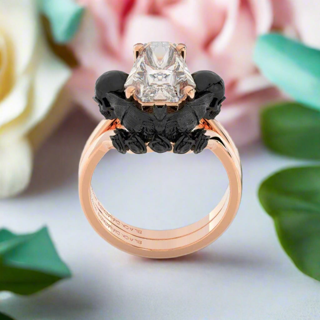 My Ever After Gothic Promise Rings in 14k Gold Coffin Cut with Skulls, Bat and Roses Diamond-Evani Naomi Jewelry