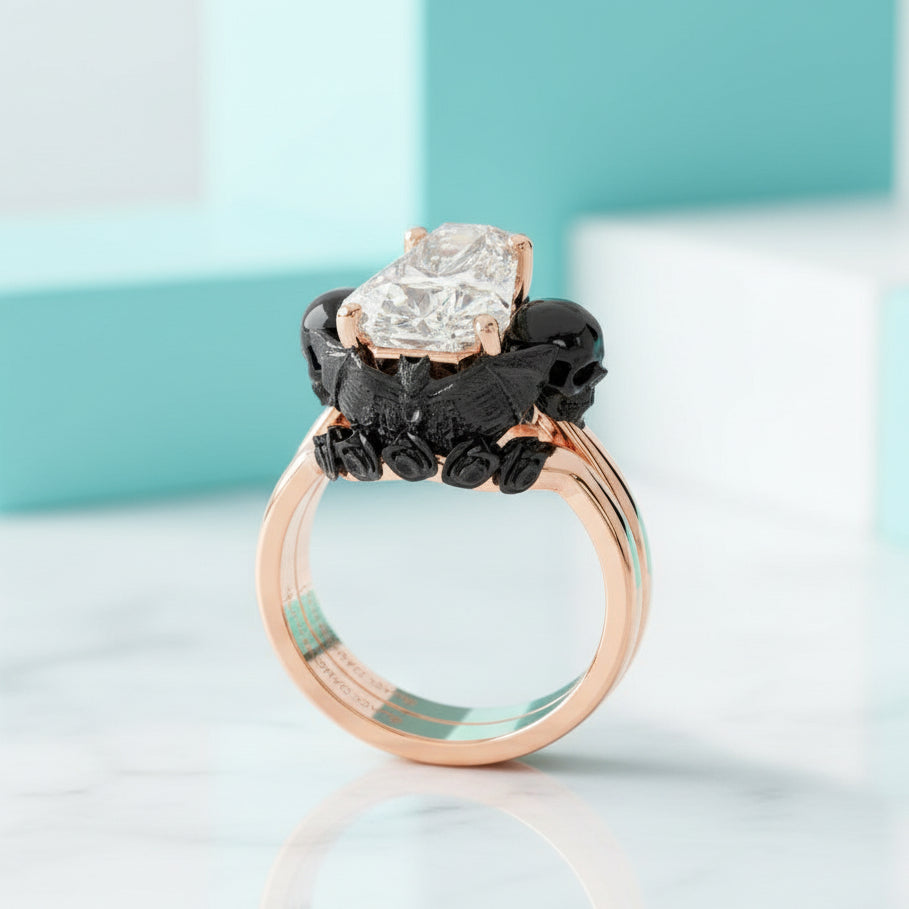 Gothic Promise Rings in 18k Gold Coffin Cut with Skulls, Bat and Roses Diamond-Evani Jewelry