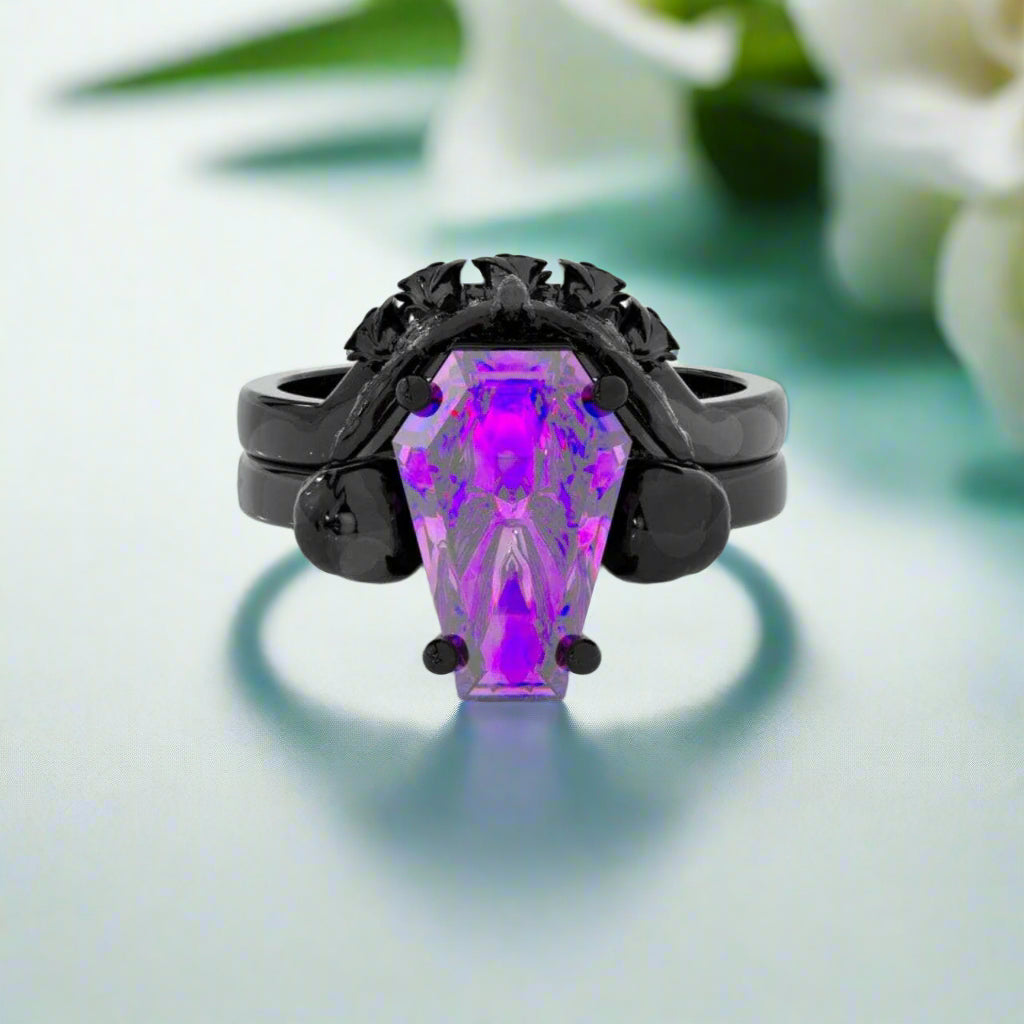 My Ever After Gothic Promise Rings in 14k Gold Coffin Cut with Skulls, Bat and Roses Moissanite-Evani Naomi Jewelry