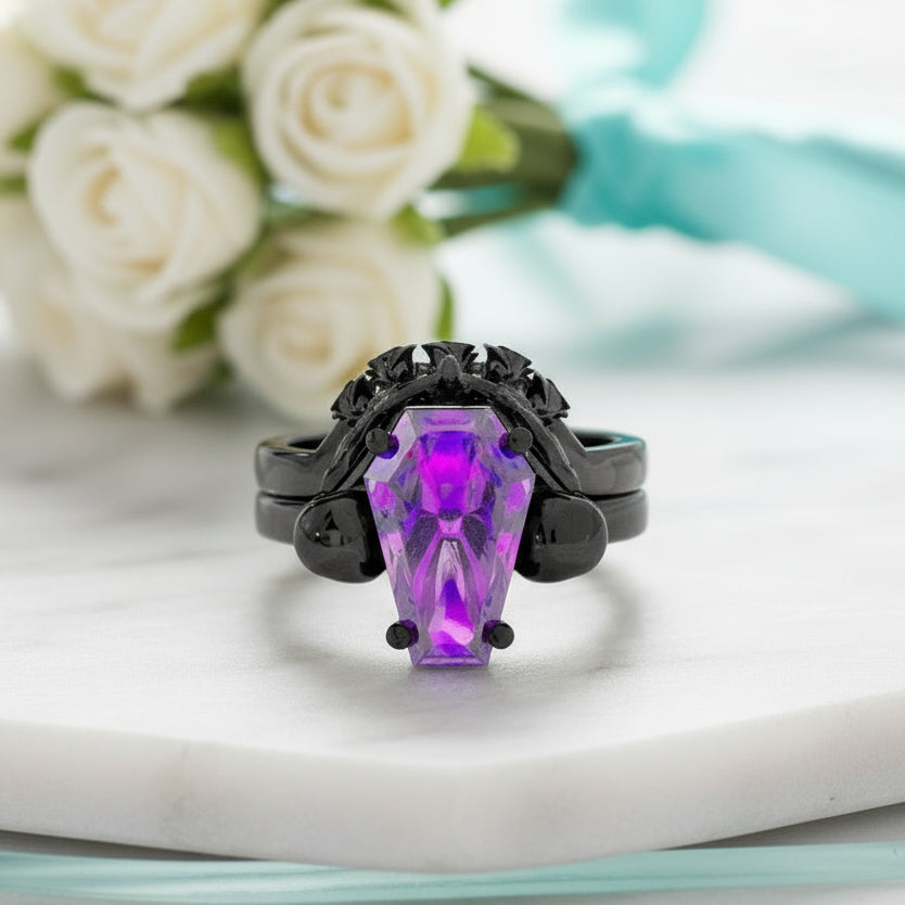 My Ever After Gothic Amethyst Promise Rings in 14k Gold Coffin Cut-Evani Jewelry