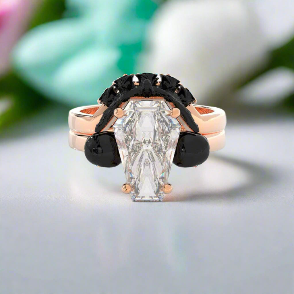 My Ever After Gothic Promise Rings in 14k Gold Coffin Cut with Skulls, Bat and Roses Diamond-Evani Naomi Jewelry