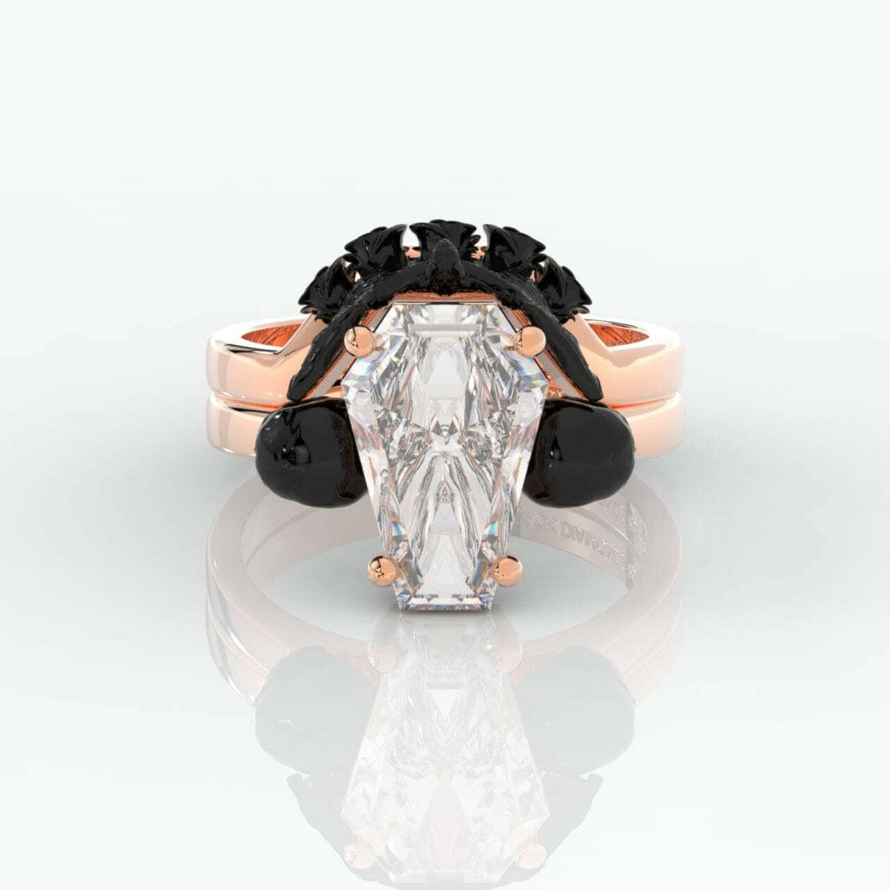 My Ever After Gothic Promise Rings in 14k Gold Coffin Cut with Skulls, Bat and Roses Diamond-Evani Naomi Jewelry