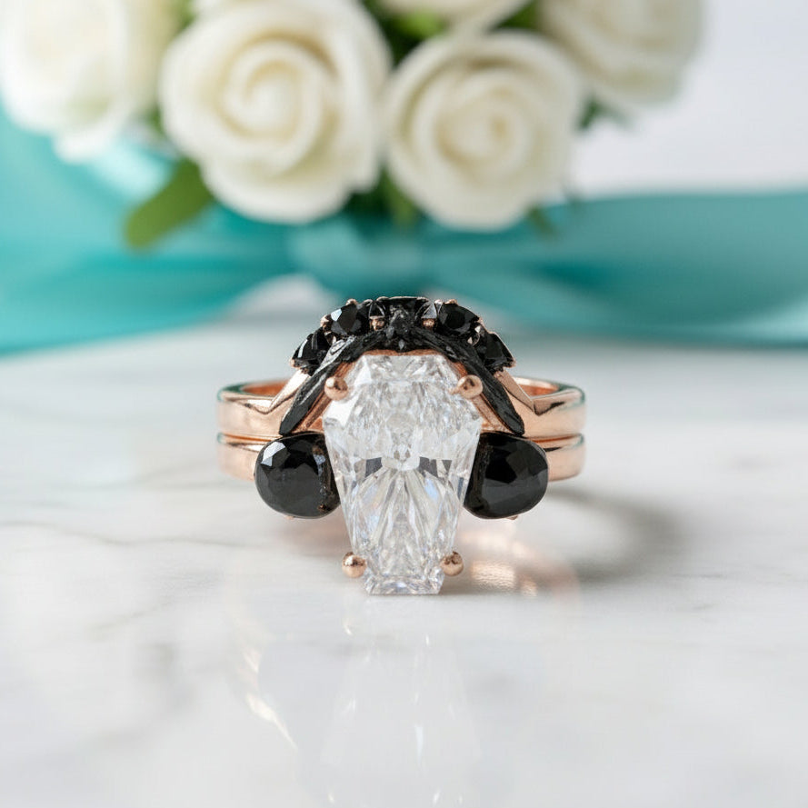 Gothic Promise Rings in 18k Gold Coffin Cut with Skulls, Bat and Roses Diamond-Evani Jewelry