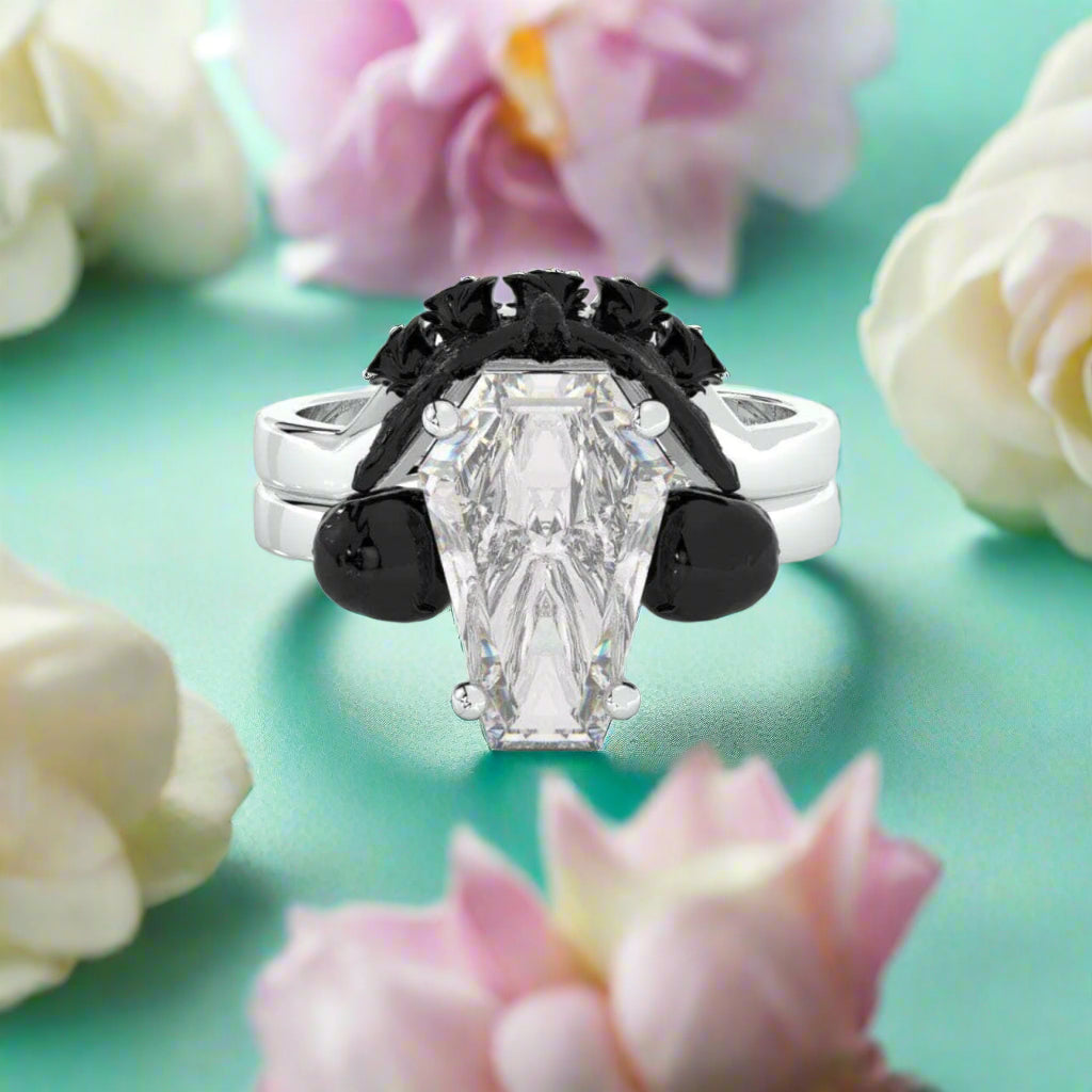 My Ever After Gothic Promise Rings in 14k Gold Coffin Cut with Skulls, Bat and Roses Diamond-Evani Naomi Jewelry