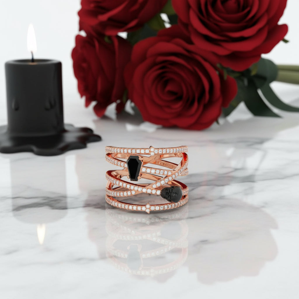 My Other Half Gothic Wedding Rings in 14k Gold Limited Coffin Shape Diamond-Evani Jewelry