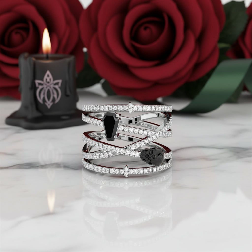My Other Half Gothic Wedding Rings in 14k Gold Limited Coffin Shape Diamond-Evani Jewelry