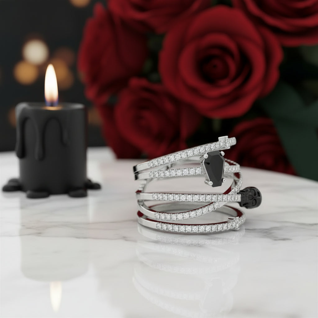 My Other Half Gothic Wedding Rings in 14k Gold Limited Coffin Shape Diamond-Evani Jewelry