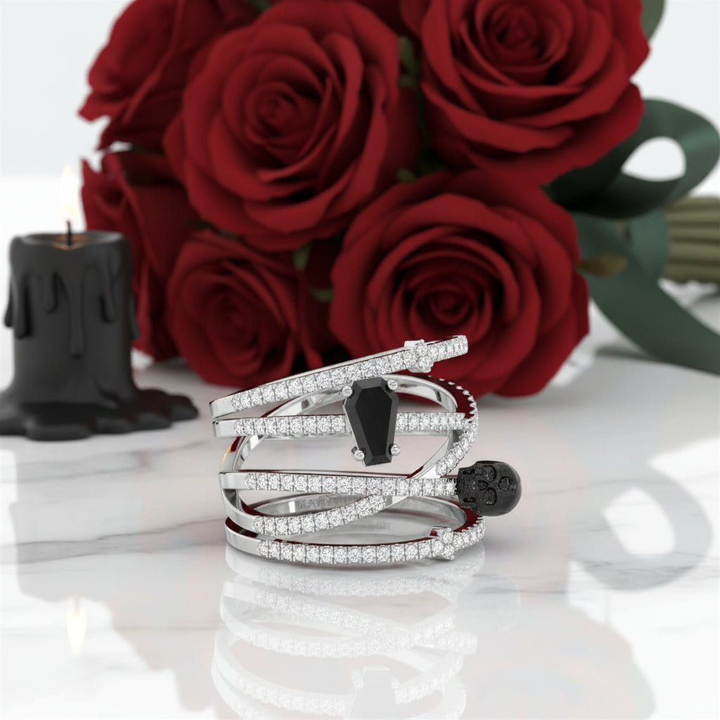 My Other Half Gothic Wedding Rings in 14k Gold Limited Coffin Shape Diamond-Evani Jewelry