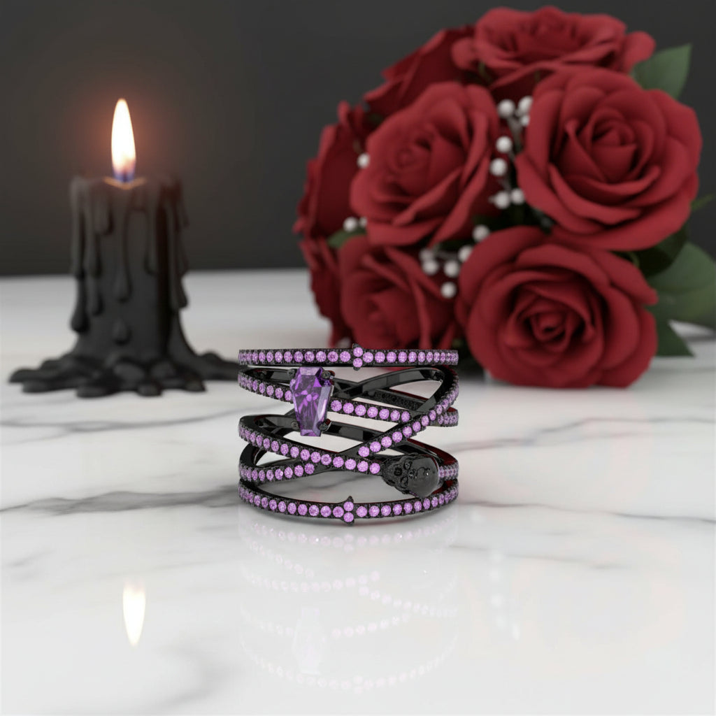 My Other Half Gothic Wedding Rings in 14k Gold Limited Coffin Shape Diamond-Evani Jewelry