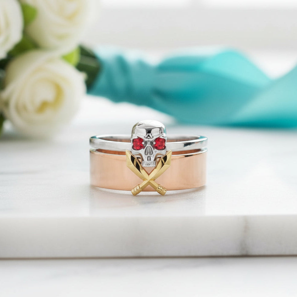 Ruby Birthstone Couples Ring in 14k Rose Gold-Evani Jewelry