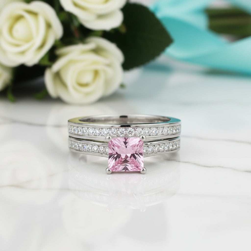 Princess-cut 1.5 ct Diamond Tourmaline Birthstone Engagement Ring Set-Evani Jewelry