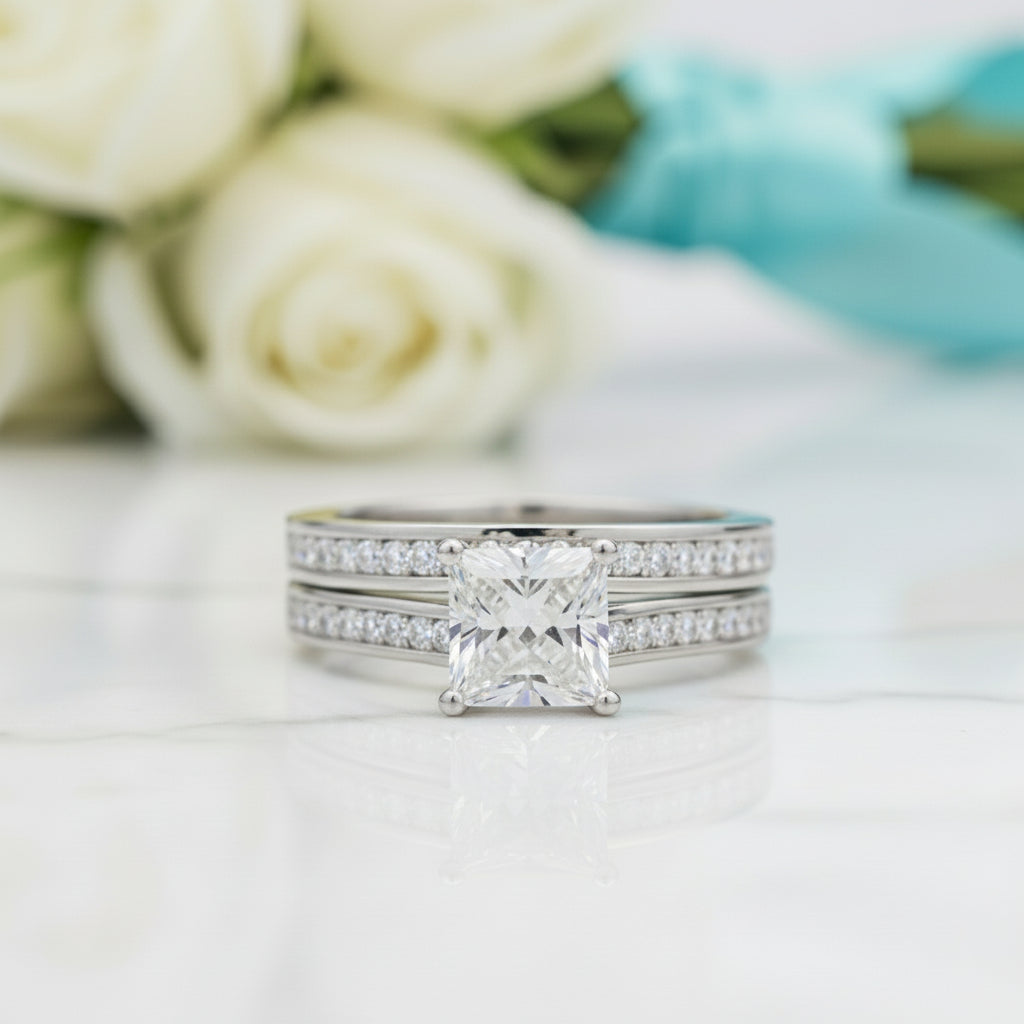1.5 ct Princess-cut Diamond Birthstone Wedding Ring Set-Evani Jewelry