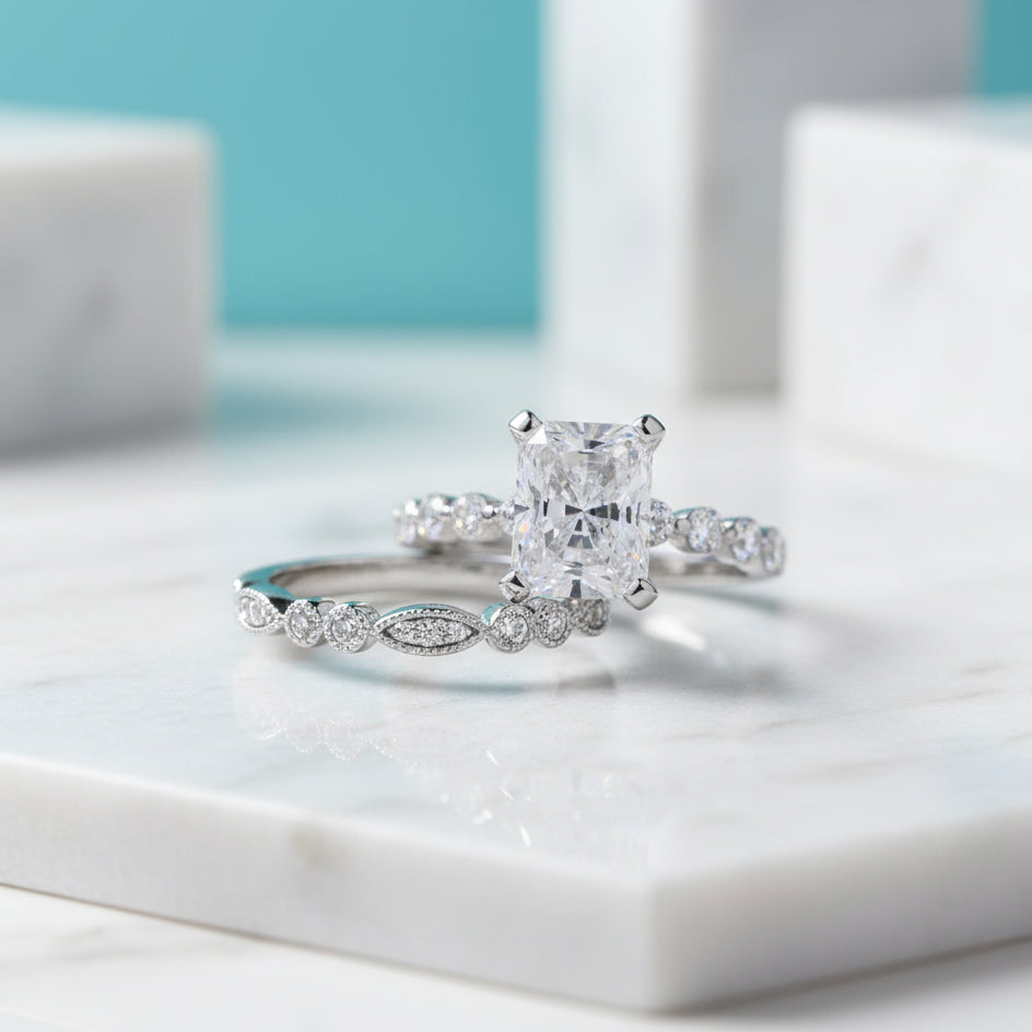 Radiant Cut Diamond Vintage Style White Gold Bridal Set-Evani Jewelry