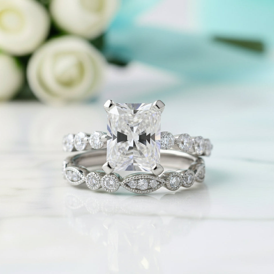 Radiant Cut Diamond Vintage Style White Gold Bridal Set-Evani Jewelry