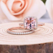 Rose Gold Halo Cushion Cut Peachy Pink Stone Wedding Ring Set-Evani Naomi Jewelry