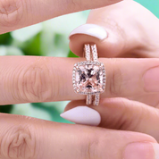 Rose Gold Halo Cushion Cut Peachy Pink Stone Wedding Ring Set-Evani Naomi Jewelry