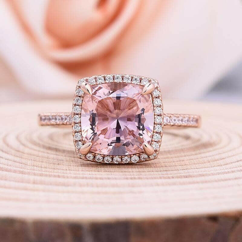 Rose Gold Halo Cushion Cut Peachy Pink Stone Wedding Ring Set-Evani Naomi Jewelry