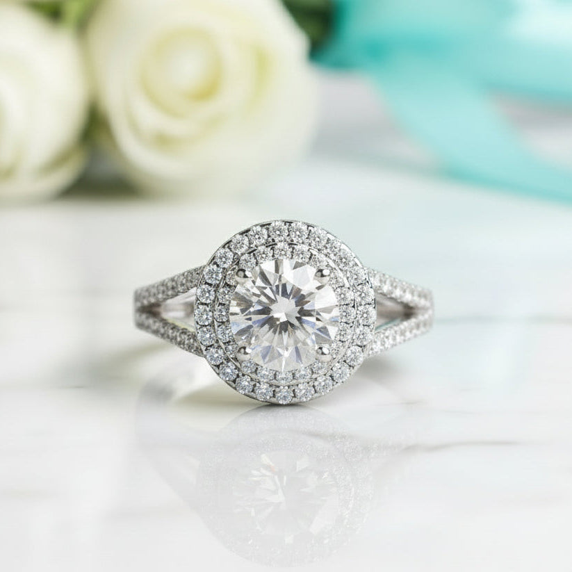 1.25 ct Round Cut Diamond Double-Halo Birthstone Engagement Ring-Evani Jewelry